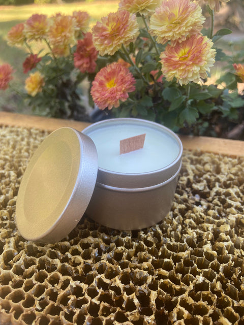 TEN Unlabeled Wholesale Soy Rose Gold 2oz Tin Candles, Bulk Private Label Luxury Mini Candle With Wooden Wick