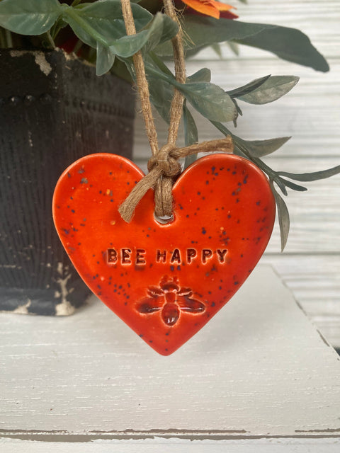 Bee Happy Ceramic Heart Ornament | Beekeeper Gift | Bee Christmas Ornament | Ceramic Bee Gift | Bee Happy Decor | Handmade Ornament