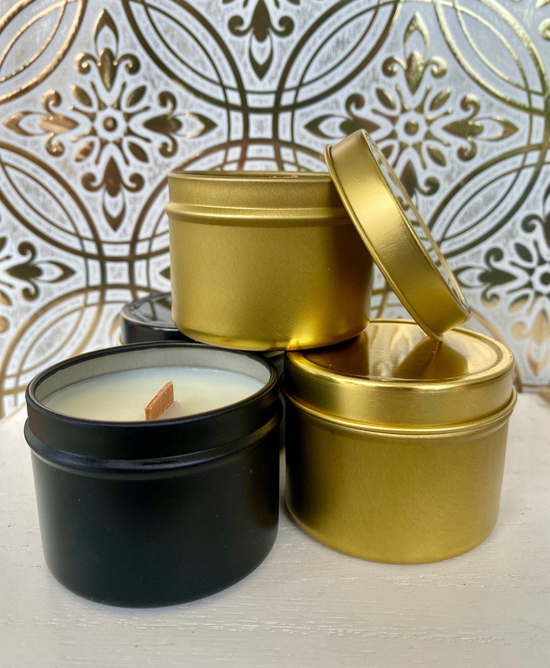 BULK SET Of TEN 2oz Private Label Wholesale Luxury Candles, Gold/Black Favor Client Gift Candles, Corporate Unlabeled Tin Candles