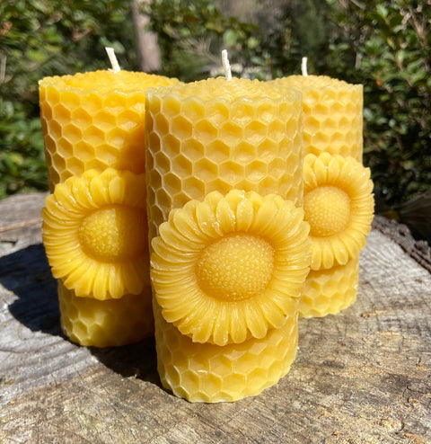 Three Sunflower Beeswax Candles | Pure Beeswax Pillar Candle Set | Sunflower Gift | Daisy Candle | All Natural Beeswax | Spring Candle