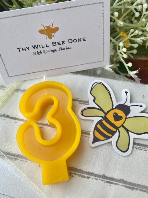 Number 3 Candle, 3rd Birthday Cake Topper Number Candle, Beeswax Organic Birthday Candles, Bee Day Non Toxic Party Number Candles