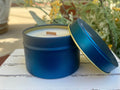Blue 4oz Soy Tin Candles, Elegant Wholesale No Label Candles, Bulk Private Label 4oz Tin Candles, Honey Scented Favor Candles