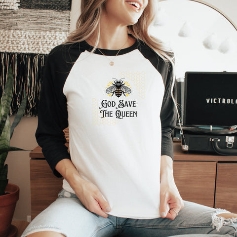 Queen Bee Shirt, God Save the Queen Bee Tee, Raglan 3/4 Sleeve Baseball Shirt, Bee Lover Gift for Women