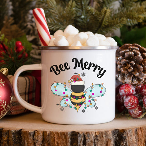 Bee Merry Christmas Mug | Bee Christmas Enamel Mug | Honey Bee Coffee Cup | Bee Lover Gift | Camping Mug | Christmas Bee Mug Gift