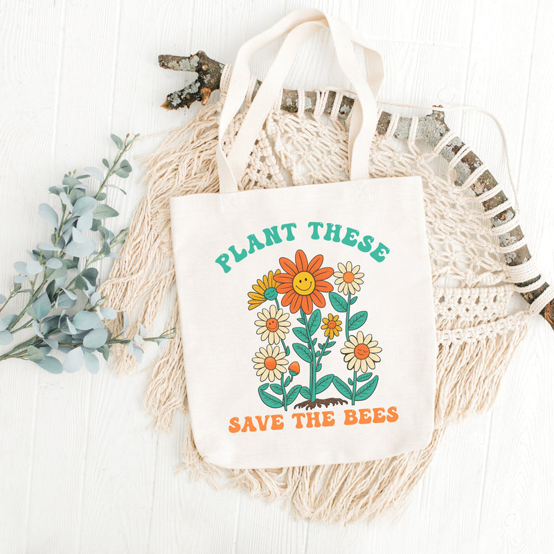 Reusable Tote Bag, Plant More Seeds Bag, Save the Bees Tote, Retro Shopping Bag for Bee Lover, Farmer's Market Tote Bag, Gift for Gardener