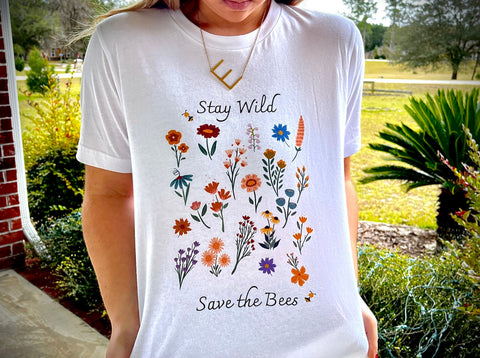 Wildflower Botanical Shirt, Save the Bees Tee, Stay Wild Plant Lady Shirt, Honey Bee Gift for Women
