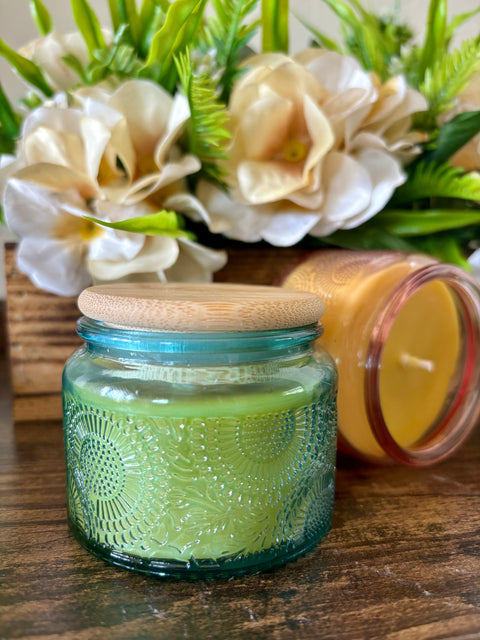 Luxury Beeswax Candle, 4oz Non-Toxic Jar Candle, Clean Burn Organic Candle, Candles for Gift Baskets, Embossed Glass Candle