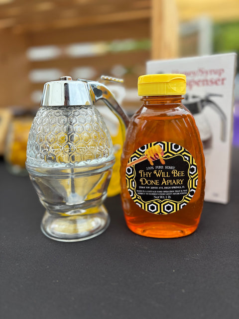 Florida Wildflower Honey and Honey Dispenser Jar, Glass Syrup Pot and Honey, Bee Gift for Home, Raw Honey