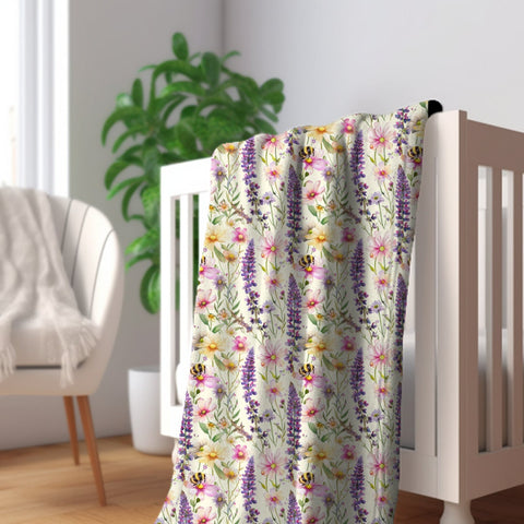 Wildflower Baby Blanket, Lavender Cottagecore Nursery Bedding Set, Baby in Bloom, Bee Blanket, Floral Fleece Crib Blanket, Nursery Gift Set