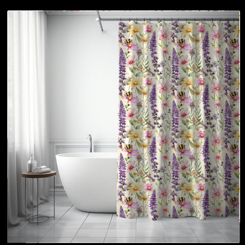 Honeybee Shower Curtain, Lavender Wildflower Bathroom Decor, Boho Bee Bath Curtain, Floral Honeybee Gift, Cottagecore Bathroom, Bee Decor