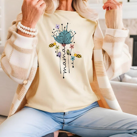 Mama Bee Wildflower Shirt | Boho Mama T-Shirt | Bee Lover Gift for Mom | Floral Mama Tee | Botanical Mom Shirt