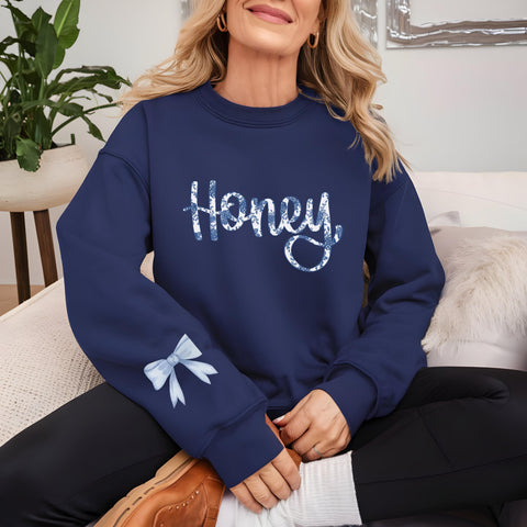 Honey Sweatshirt for Grandma, Toile Shirt, Promoted to Honey Gift, Design on Sleeve Sweatshirt, New Grandma Shirt, Blue Coquette Sweatshirt