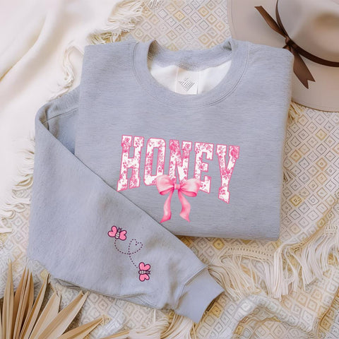 Honey Sweatshirt for Grandma, Toile Shirt, Promoted to Honey Bee Gift, Design on Sleeve Sweatshirt, New Grandma Shirt, Pink Coquette Shirt