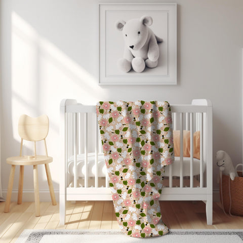 Wildflower Baby Blanket, Cottagecore Nursery Bedding, Baby in Bloom, Bee Blanket, Floral Fleece Crib Blanket, Pink Flower Nursery Gift