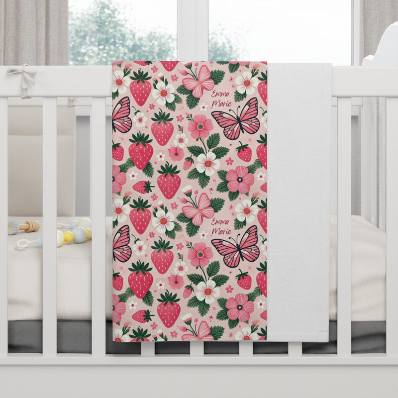 Strawberry Baby Blanket | Butterfly Nursery Gift | Personalized Baby Blanket | Berry Nursery Theme | Fleece Baby Throw