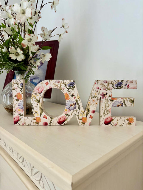 Wildflower Wood Love Sign, Floral Nursery Decor, Boho Baby Love in Bloom Nursery Gift, Wooden Baby Girl Love Decor, Wedding Table Sign Decor