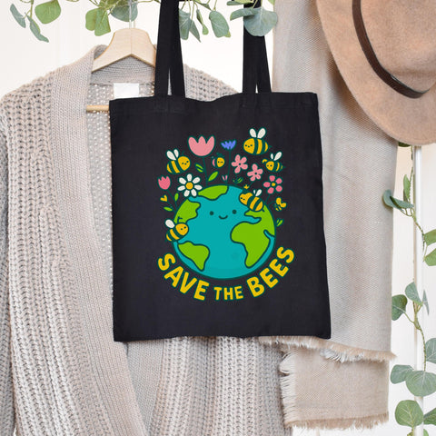 Save the Bees Tote Bag, Save the Planet Earth Day Gift, Conservation Recyclable Shopping Bag, Tote Bag for Bee Lover, Gardener Gift