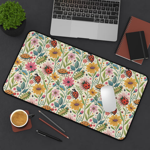 Floral Insect Lover Desk Mat, Ladybug Computer Desk Pad, Whimsical Office Desk Accessories, Bug Lover Gift, Cute Nature Inspired Gift Decor