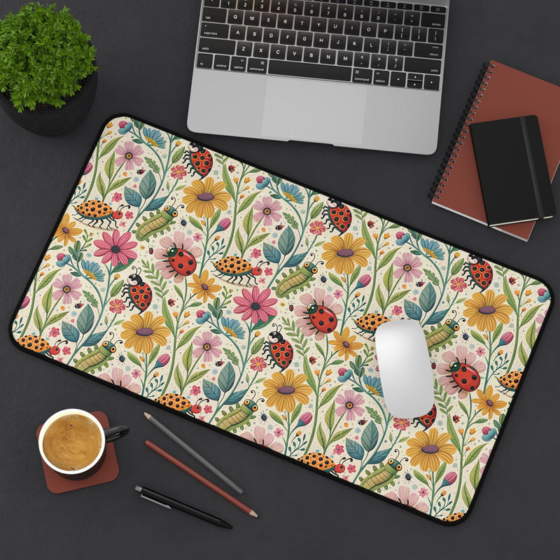 Floral Insect Lover Desk Mat, Ladybug Computer Desk Pad, Whimsical Office Desk Accessories, Bug Lover Gift, Cute Nature Inspired Gift Decor