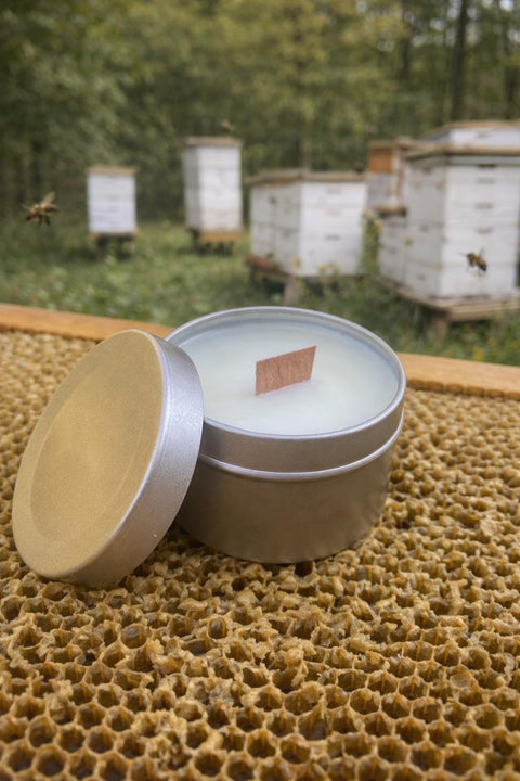 2oz Scented Soy Candle Party Favors, Rose Gold Tin, Honey Fragrance, Wooden Wick, Unlabeled