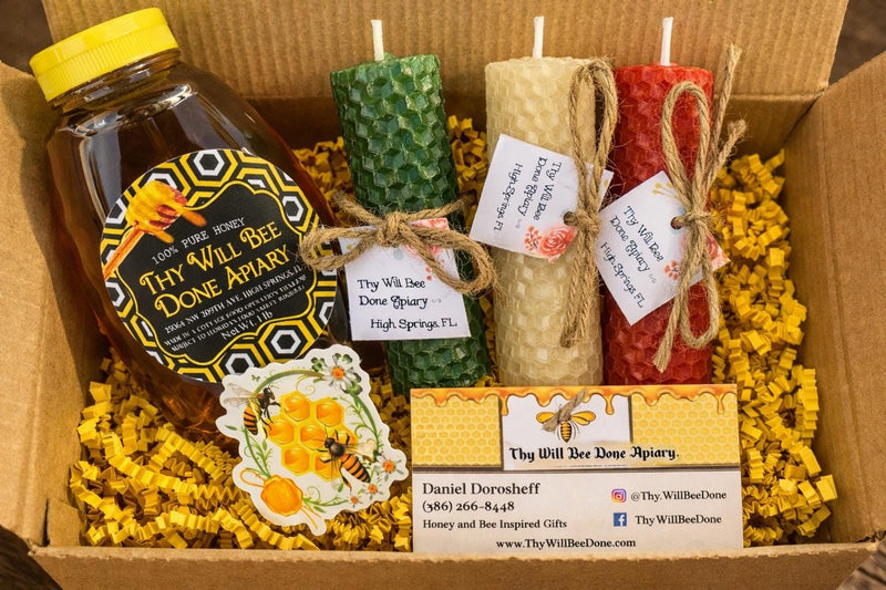 Honey and Beeswax Candle Gift Box, Raw Florida Honey Gift Set
