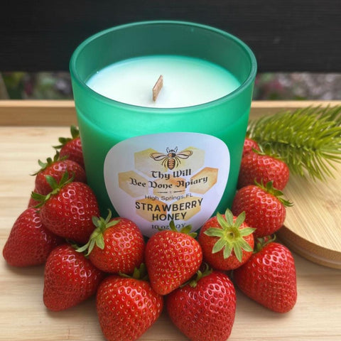 Strawberry Scent Candle, Luxury 10 oz Vegan Soy Candle, Fruit Scented Glass Jar Candle, Florida Gift, Bee Gifts