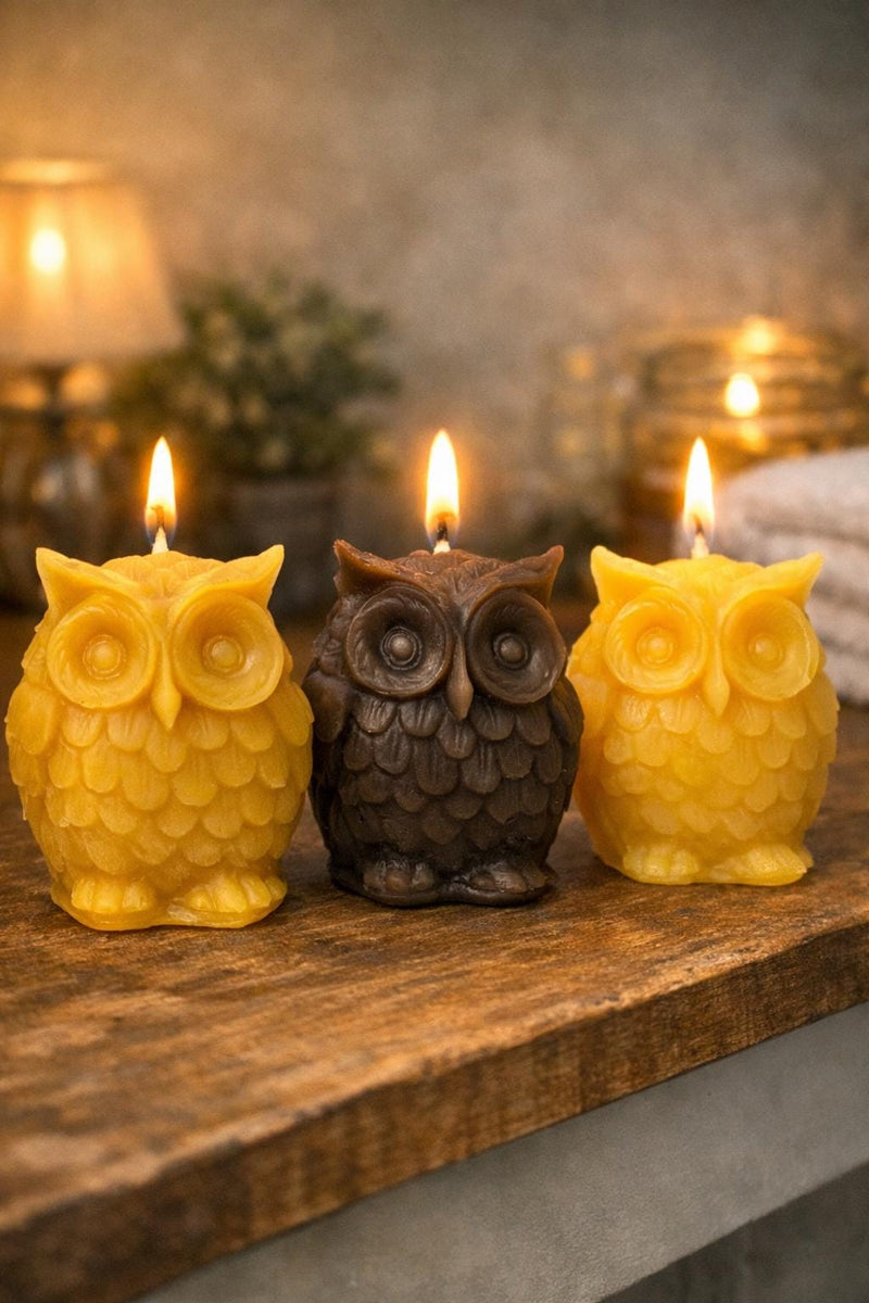 Trio of Beeswax Owl Candles, Wise Owl Set, Woodland Candles