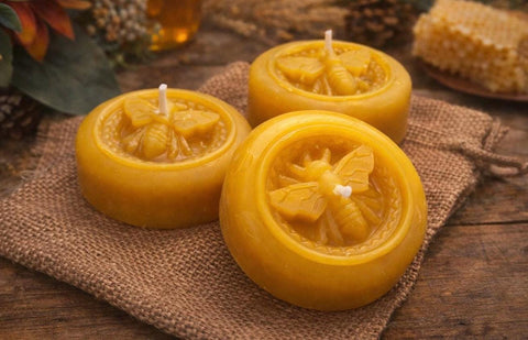 Three Beeswax Tealight Candles, Bee Party Favor, Floating Candles, Bee Votive Candles, Bee Gift Decor