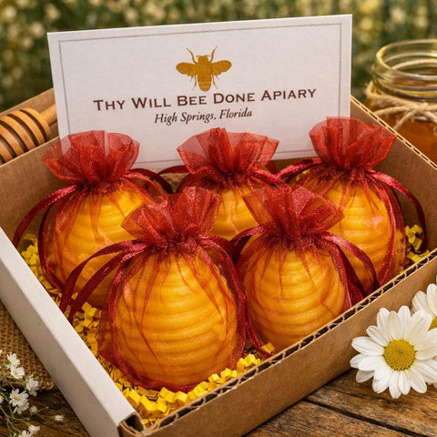 Beeswax Hive Candles (Sets of 6) in Wine/Burgundy Organza Bag, Wedding/Bridal Shower Candle Favor