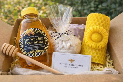 Sunflower Gift Box, Sunflower Basket with Honey, Sunflower Beeswax Candle and Sunflower Soap