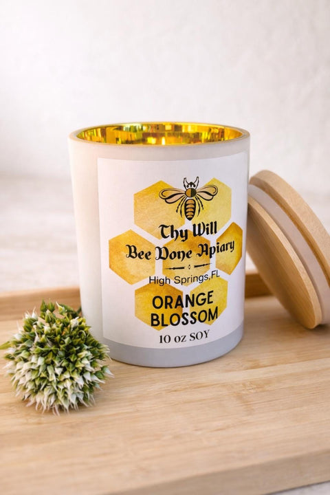 Florida Orange Blossom Candle | Luxury Soy Candle | Wooden Wick Candle | Florida Gift | 10oz White Glass Candle | Bee Gift