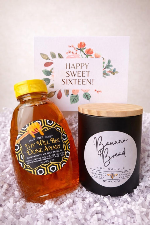 Sweet 16 Bee Gift Set, Honey and Candle Birthday Gift Box, Sweet Sixteen Bee Theme Gift