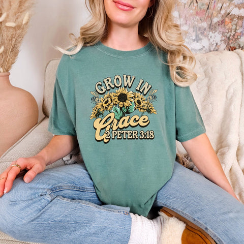 Grow in Grace Shirt for Women | Christian Proverbs T-Shirt | Bible Verse Shirt | Floral Faith Shirt | Sunflower Christian Tee