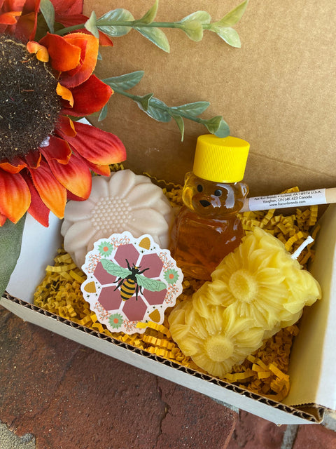 Sunflower Gift Box, Sunflower Lover Gift Basket with Honey, Honey Bee Sunflower Beeswax Candle and Sunflower Soap Spa Set