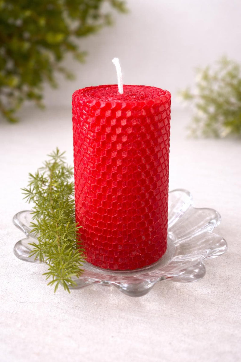 Red Beeswax Pillar Candle, Non Toxic Natural Rolled Candle, Red Unscented Bees Wax Organic Candle, Bee Gift
