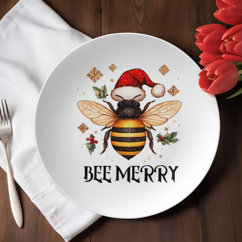 Christmas Bee Dinner Plate | Holiday Dinnerware | Bee Lover Gift | Beekeeper Christmas Gift | Festive Table Decor | Bee Merry Plate