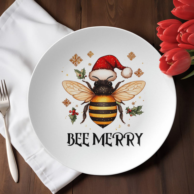 Christmas Bee Dinner Plate | Holiday Dinnerware | Bee Lover Gift | Beekeeper Christmas Gift | Festive Table Decor | Bee Merry Plate