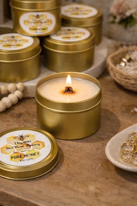 4oz Gold Scented Soy Candle, Wooden Wick Tin Candles, Gold Favors, Bulk Wholesale Private Label